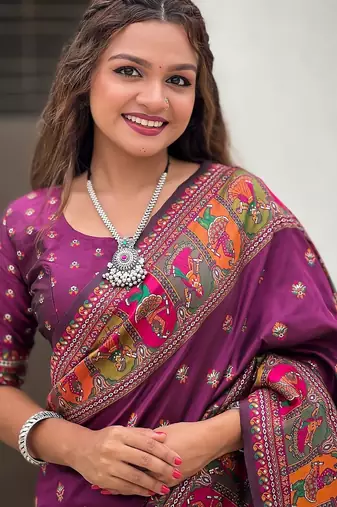 Magenta woven self design pashmina silk saree with blouse
