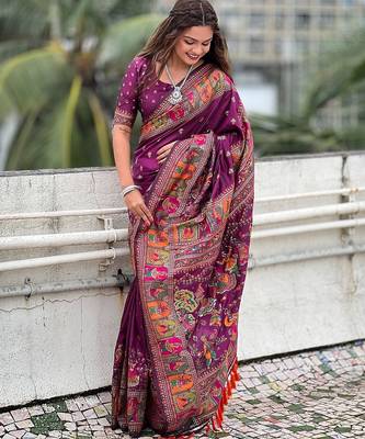 Magenta woven self design pashmina silk saree with blouse 3