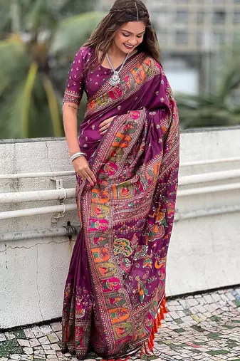 Magenta woven self design pashmina silk saree with blouse