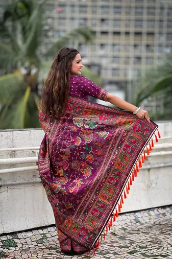 Magenta woven self design pashmina silk saree with blouse
