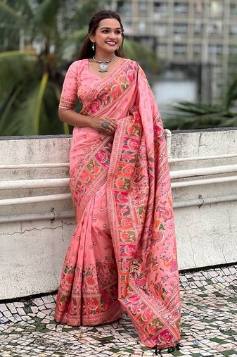 Pink woven self design pashmina silk saree with blouse