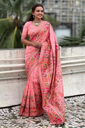 Pink woven self design pashmina silk saree with blouse