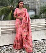 Pink woven self design pashmina silk saree with blouse