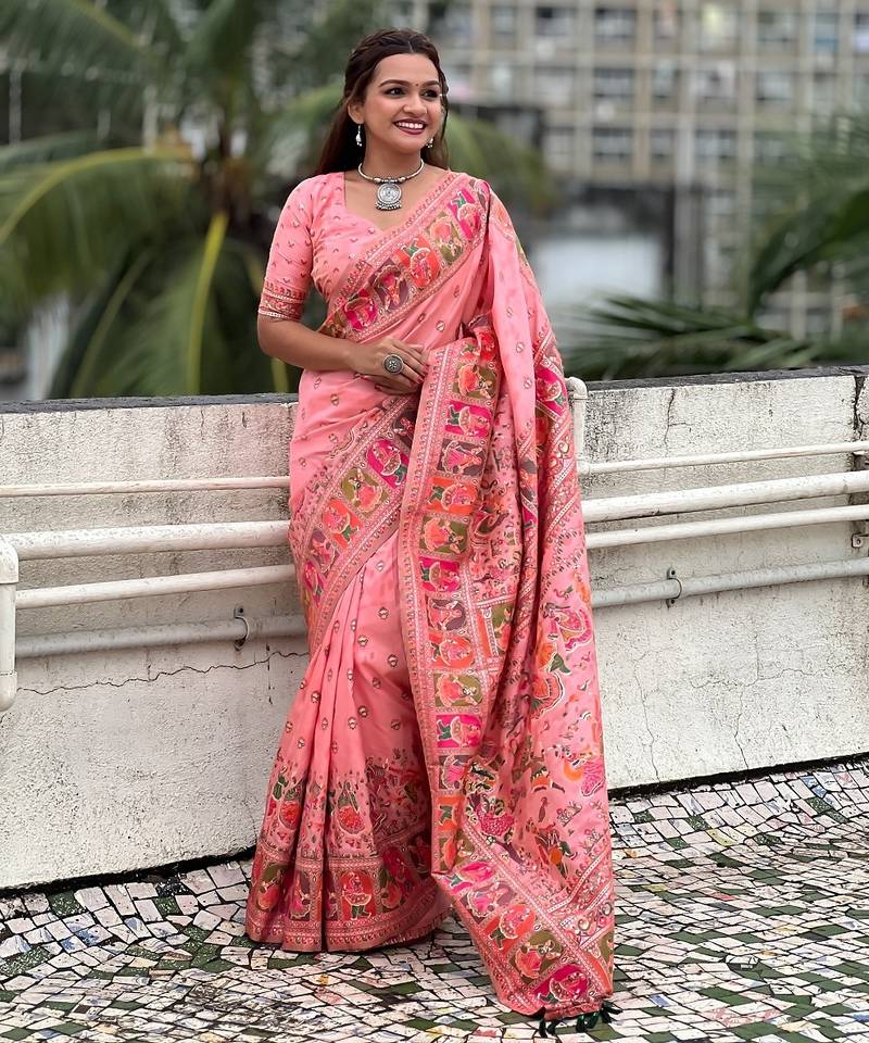 Pink woven self design pashmina silk saree with blouse