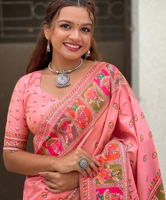 Pink woven self design pashmina silk saree with blouse 2
