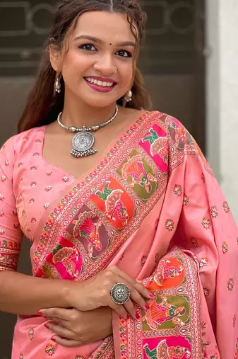 Pink woven self design pashmina silk saree with blouse