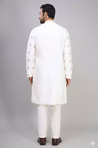men’s off white silk kurta pant with full embroidery