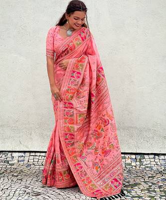Pink woven self design pashmina silk saree with blouse 3