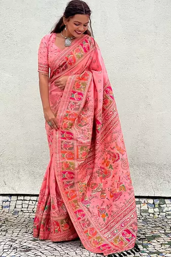Pink woven self design pashmina silk saree with blouse