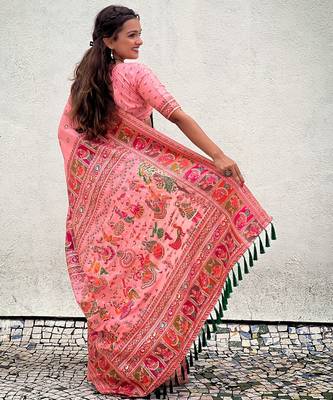 Pink woven self design pashmina silk saree with blouse 4