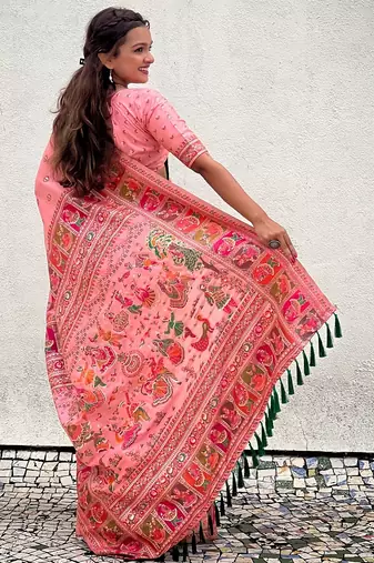 Pink woven self design pashmina silk saree with blouse