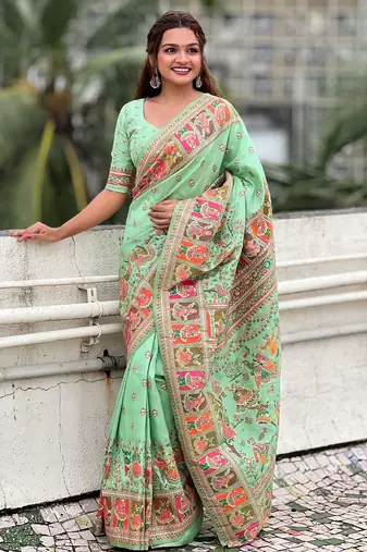 Pista green woven self design pashmina silk saree with blouse