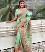 Pista green woven self design pashmina silk saree with blouse