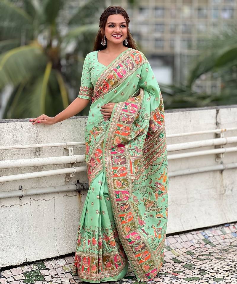 Pista green woven self design pashmina silk saree with blouse