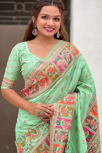 Pista green woven self design pashmina silk saree with blouse
