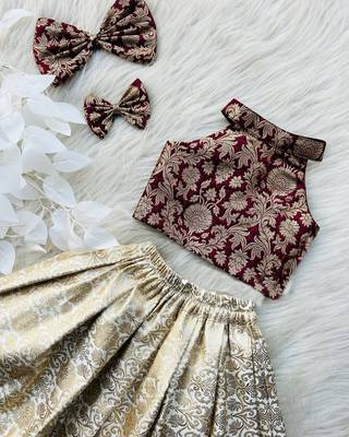 Maroon & gold brocade woven jacquard one-shoulder top with flared skirt ethnic co-ord set for girls 1
