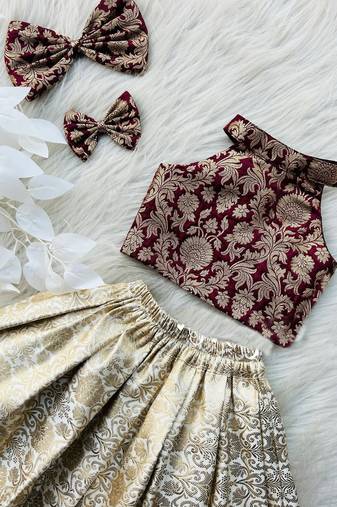 Maroon & gold brocade woven jacquard one-shoulder top with flared skirt ethnic co-ord set for girls