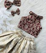 Maroon & gold brocade woven jacquard one-shoulder top with flared skirt ethnic co-ord set for girls