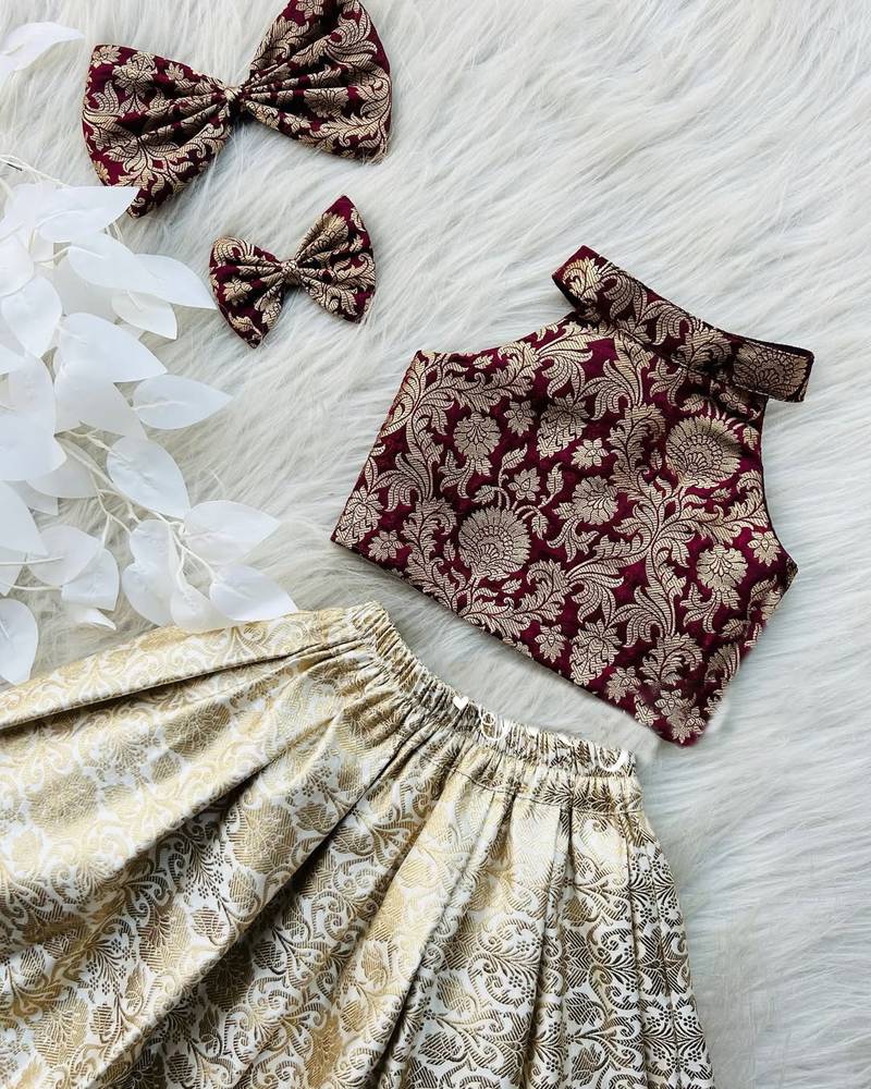 Maroon & gold brocade woven jacquard one-shoulder top with flared skirt ethnic co-ord set for girls