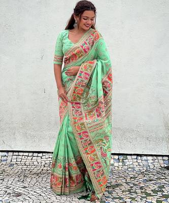 Pista green woven self design pashmina silk saree with blouse 3