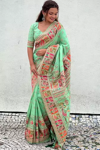 Pista green woven self design pashmina silk saree with blouse