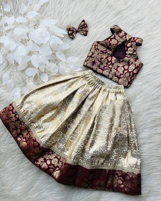 Maroon & gold brocade woven jacquard one-shoulder top with flared skirt ethnic co-ord set for girls 2