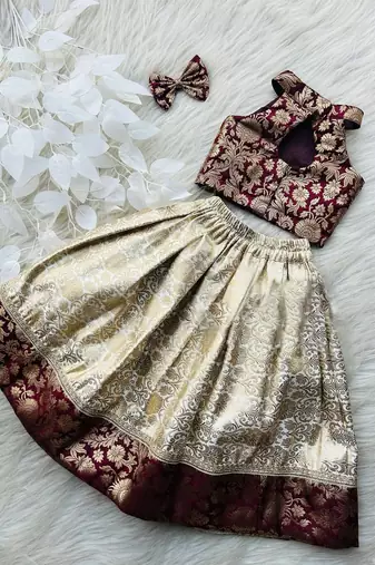 Maroon & gold brocade woven jacquard one-shoulder top with flared skirt ethnic co-ord set for girls