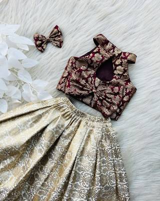 Maroon & gold brocade woven jacquard one-shoulder top with flared skirt ethnic co-ord set for girls 3
