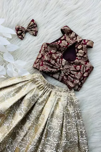 Maroon & gold brocade woven jacquard one-shoulder top with flared skirt ethnic co-ord set for girls