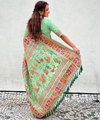 Pista green woven self design pashmina silk saree with blouse 4