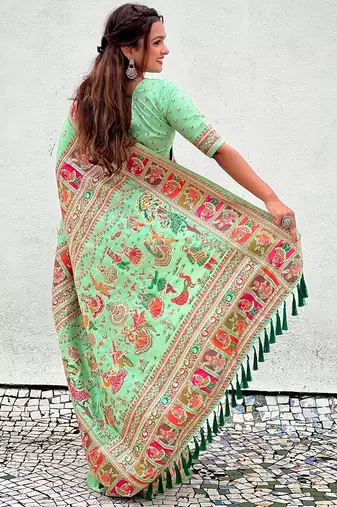 Pista green woven self design pashmina silk saree with blouse