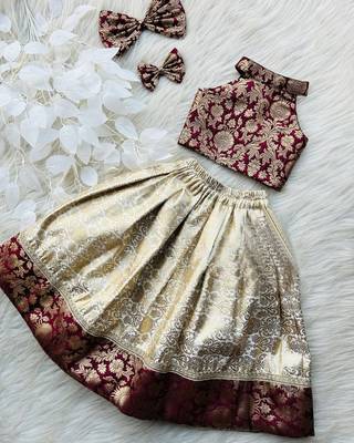 Maroon & gold brocade woven jacquard one-shoulder top with flared skirt ethnic co-ord set for girls 4