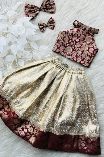 Maroon & gold brocade woven jacquard one-shoulder top with flared skirt ethnic co-ord set for girls