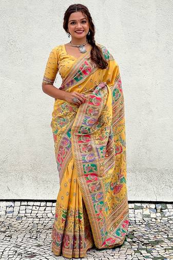 Yellow woven self design pashmina silk saree with blouse