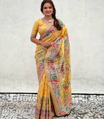 Yellow woven self design pashmina silk saree with blouse