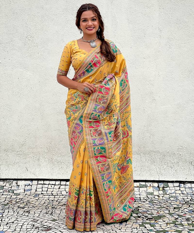 Yellow woven self design pashmina silk saree with blouse