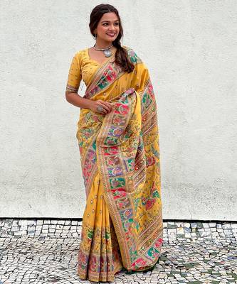 Yellow woven self design pashmina silk saree with blouse 3