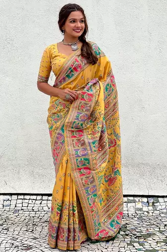 Yellow woven self design pashmina silk saree with blouse