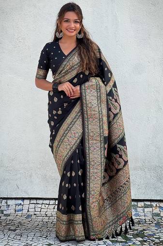 Black woven self design pashmina silk saree with blouse
