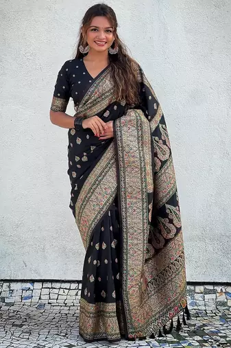 Black woven self design pashmina silk saree with blouse