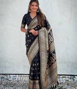 Black woven self design pashmina silk saree with blouse