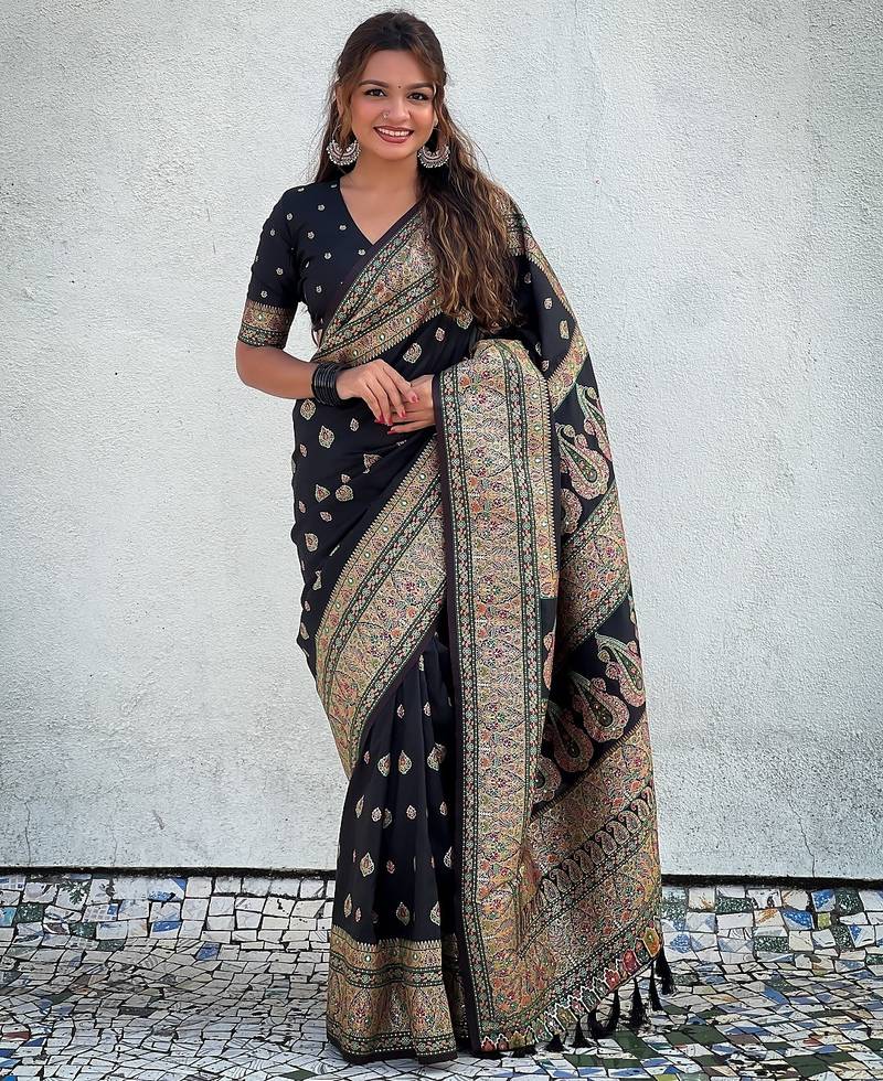 Black woven self design pashmina silk saree with blouse