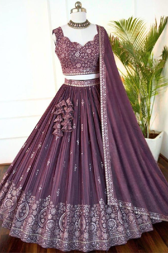 Mauve Wine Star Faux Georgette Sequins & Zari Embroidered Lehenga Choli