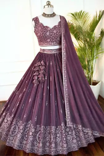 Mauve Wine Star Faux Georgette Sequins & Zari Embroidered Lehenga Choli