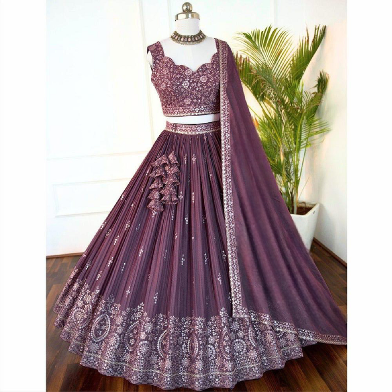 Mauve Wine Star Faux Georgette Sequins & Zari Embroidered Lehenga Choli