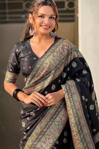 Black woven self design pashmina silk saree with blouse