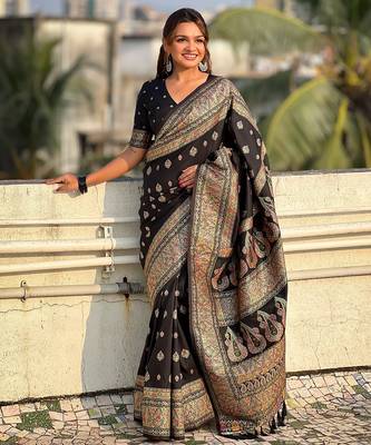 Black woven self design pashmina silk saree with blouse 3