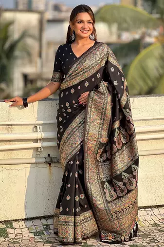 Black woven self design pashmina silk saree with blouse