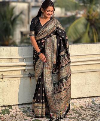 Black woven self design pashmina silk saree with blouse 4