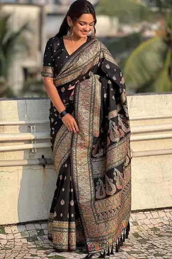 Black woven self design pashmina silk saree with blouse